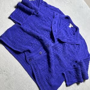 LL Bean Diamond Knit Cardigan Sweater Womens Large Granola Boho Cottagecore Blue